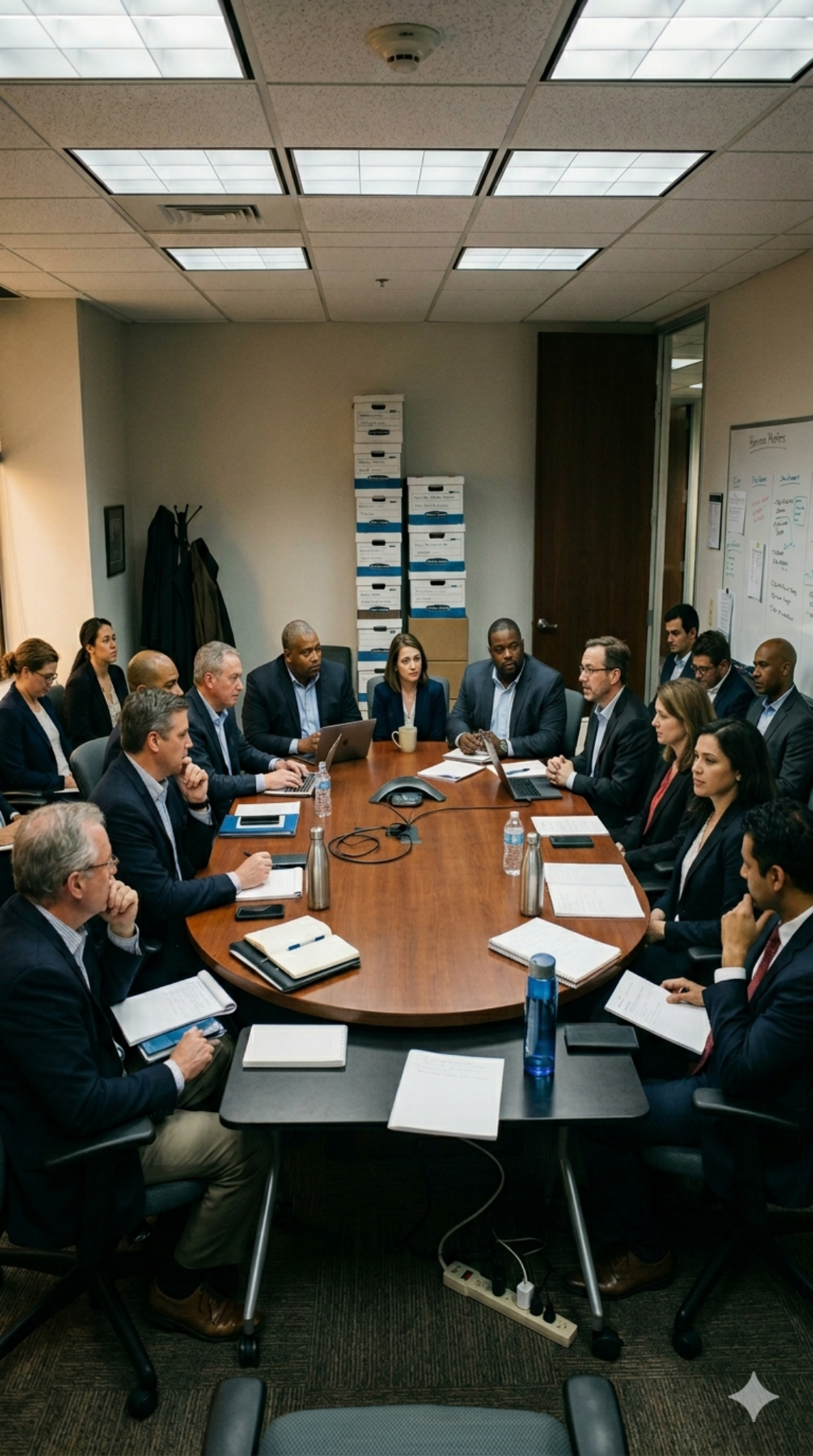 A formal meeting where people are seated closely around a boardroom table.